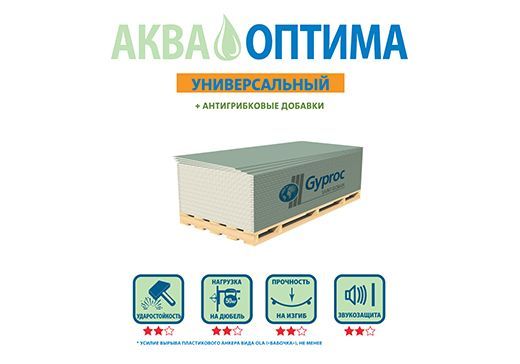 Гипсокартон влагостойкий ГКЛВ Аква Оптима Лонг, 12,5х1200х3000мм, Gyproc