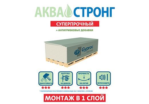 Гипсокартон влагостойкий ГКЛВ Аква Стронг, 15х1200х1950 мм, Gyproc