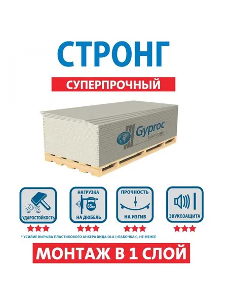 Гипсокартон ГКЛ 15х1200х2500мм, Gyproc Стронг